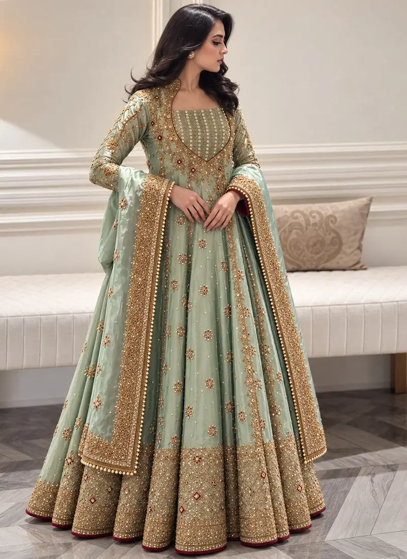 Sage Green Formal Angrakha Dress Video