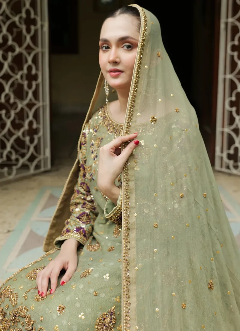 Sage Green Bridal Farshi Lehenga Purple Border Video