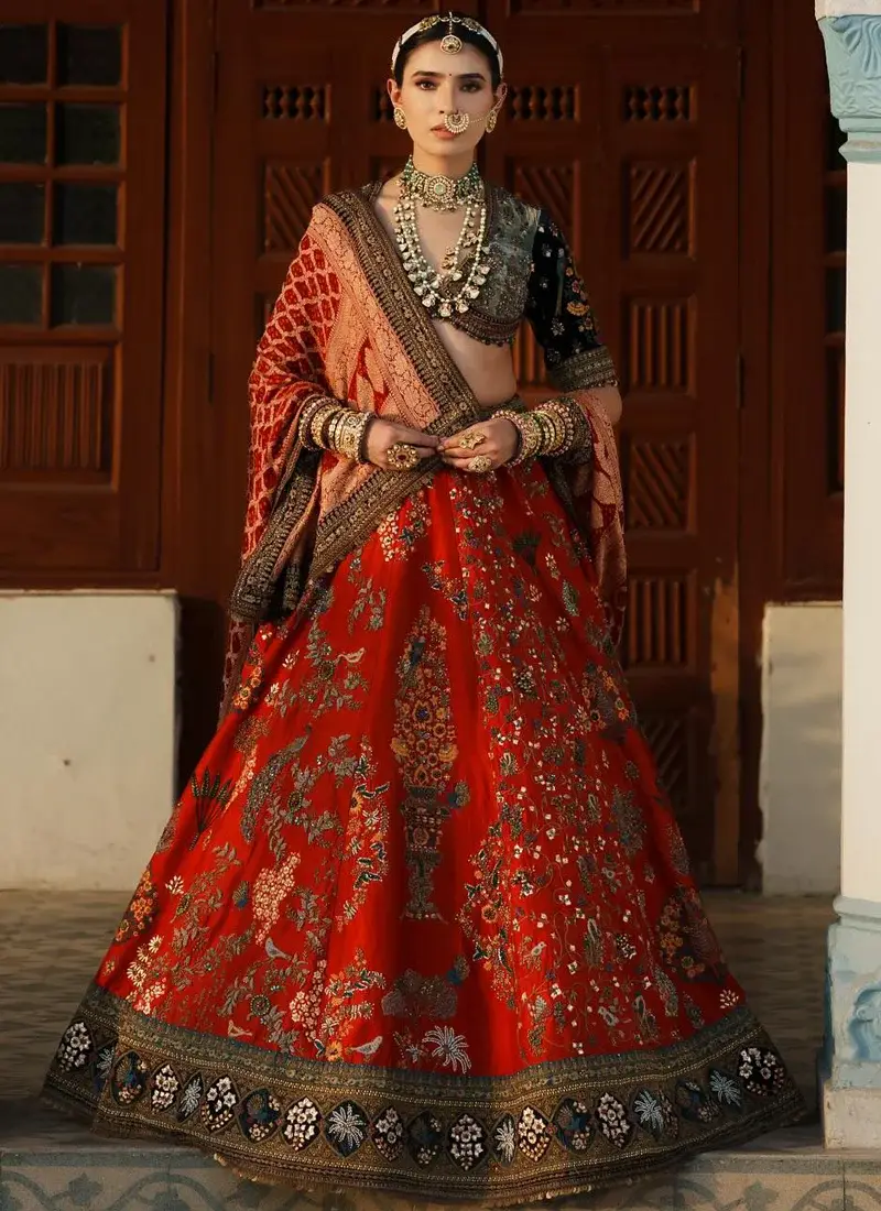 Traditional Velvet Indian Bridal Lehenga Choli Traditional velvet Indian bridal lehenga choli with vermilion red, forest green and multicolour heritage detailing