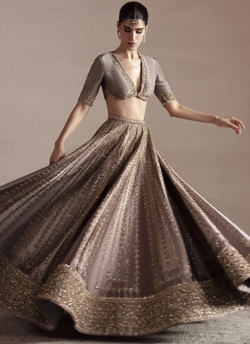 Gray Baraat Lehenga Choli with Criss-Cross Keyhole Back Video