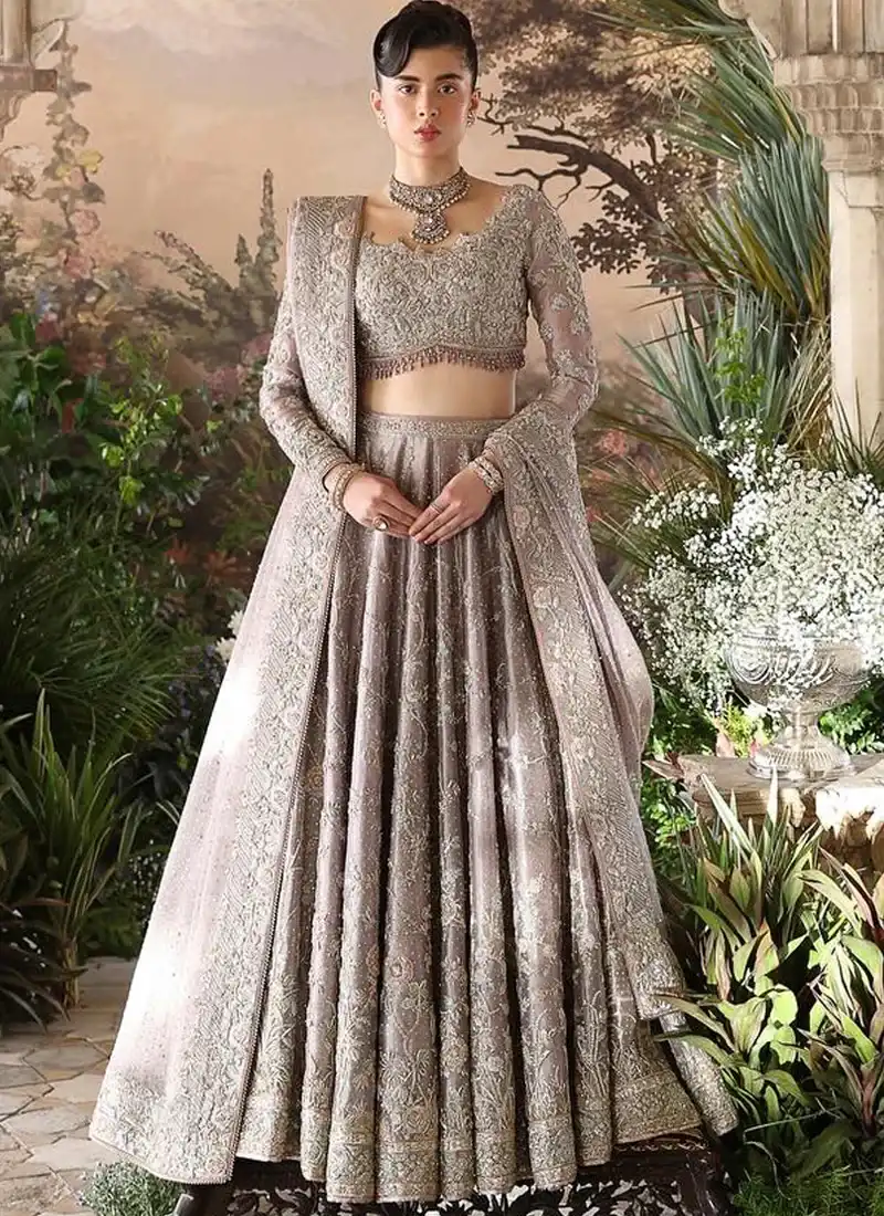 Lilac Baraat Lehenga Choli with Beaded Choli Fringe Dusty lilac bridal choli, close-up showing embroidered sheer sleeves, scalloped neckline and floral motifs